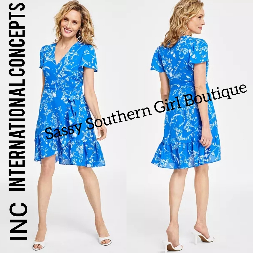 🆕⭐INC International Concepts Blue White Floral Wrap Dress
